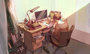 Animeguttas laptoparbeidsstasjon bakfra