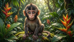 Søt babyape som sitter på en mosegrodd stein i en tropisk jungel med mykt sollys — Søt ape Bakgrunner