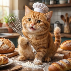 En søt katt som baker i et solrikt kjøkken — Animekatt Bakgrunner