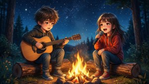 Animebarn synger og spiller gitar rundt et bål under stjernene. — Anime barn Bakgrunner
