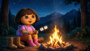 Dora og Boots koser seg rundt et bål under stjernene.