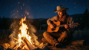 En cowboy som spiller gitar ved et bål under stjernene.