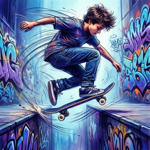 En kunstnerisk illustrasjon av en skatergutt i luften med livlige farger. — Skater boy estetikk Bakgrunner