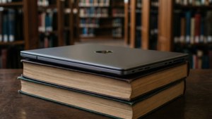 En Chromebook som hviler på bøker i et bibliotek, perfekt for studietemaer.