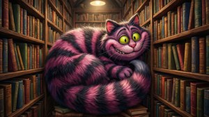 Cheshire-katten som lister seg gjennom et magisk bibliotek. — Cheshire Cat Bakgrunner