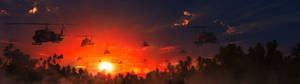 Helikoptre som flyr under en rød solnedgang bakgrunn. — 5120x1440 Bakgrunner