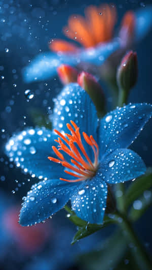 blå, blomst, kronblader, oransje, støvbærere, dråper, blomstring, levende, natur, nærbilde