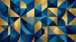 Abstrakt geometrisk kunst med blå og gullfargede former.