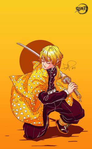 Zenitsu posing in orange background digital art wallpaper. — Honor Pad 20 Pro Bakgrunner