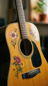 Nærbilde av akustisk gitar med blomsterdekor. — iPhone 5 Bakgrunner
