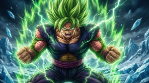 En dramatisk fremstilling av Broly i hans legendariske Super Saiyan-form, som utstråler kraft midt i is og ødeleggelse. — Dragon ball super broly Bakgrunner