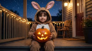 Søt barn i kaninpysjamas med gresskar, koselig Halloween-bakgrunn. — Søt Halloween Bakgrunner