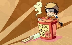 Chibi Naruto Uzumaki i uniform som prøver å komme seg opp på en liten kopp nudler eller ramen.