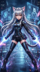 En futuristisk kattejente i en cyberpunkby — Animekatt Bakgrunner