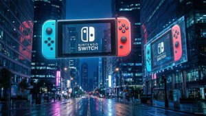 Cyberpunk-by med holografiske Nintendo Switch-reklamer — Nintendo switch GIF Bakgrunner