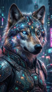 En kybernetisk galakseulv med glødende kretser lusker gjennom en neonfylt cyberpunkby. — iPhone Se Bakgrunner