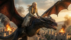 Daenerys Targaryen flyr Drogon over det brennende King's Landing — Game of Thrones sesong 8 Bakgrunner