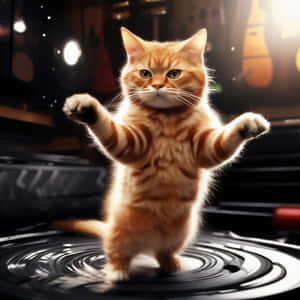 Dansende oransje tabbykatt på vinylplate