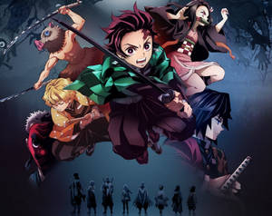 Demon Slayer-bakgrunnsbilde av Tanjiro sammen med Nezuko og Hashiraene.