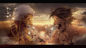 Pansret Titan som møter Angrepstitanen i slaget om Shiganshina i Attack on Titan-bakgrunn.