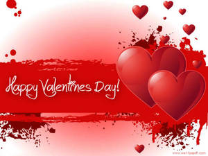 Røde kjærlighetshjerter og tekst som sier «Happy Valentine's Day» skrevet i hvitt ved siden av dem på rød bakgrunn med et sprut av rød maling. — 4:3 Bakgrunner