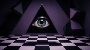 Et mørkt abstrakt bilde med et øye i en trekant og geometriske elementer. — Trippy mørk estetikk Bakgrunner