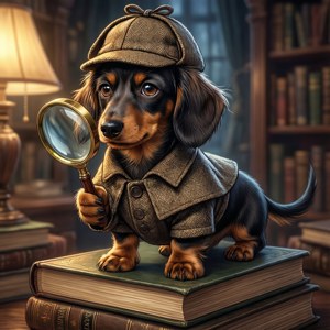 En smart anime-dachs som detektiv etterforsker i et koselig bibliotek. — Galaxy Watch Bakgrunner