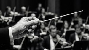 Dramatisk svart-hvitt nærbilde av dirigentens taktstokk med orkester. — Musikkestetikk Bakgrunner