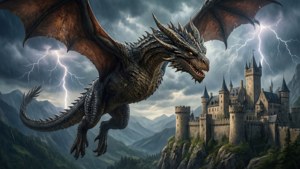 En episk fantasyscene med en drage som flyr over et slott, perfekt for fantasyentusiaster.