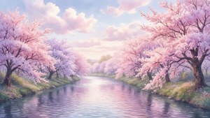 En rolig elv kantet med pastellfargede kirsebærblomster, myke estetiske vibber. — Myk estetisk GIF Bakgrunner