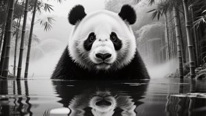 Dobbelteksponering av panda med skogrefleksjon, surrealistisk svart-hvitt bakgrunnsbilde. — Panda Bakgrunner