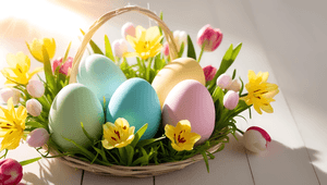 Påske,kurv,egg,påskeliljer,vår,blomster,fest,gul,fargerik,oppsats,sesong,blomster,høytid,levende,dekor