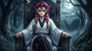 Rui sitter på en trone laget av edderkoppspinn under måneskinn. — Rui Demon Slayer Bakgrunner