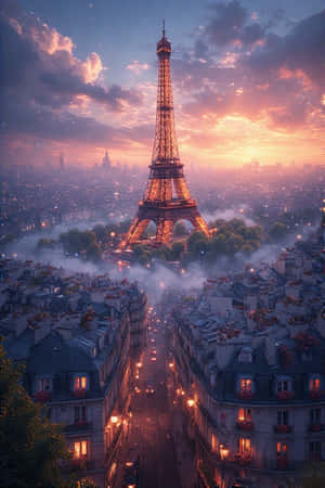Frankrike,Paris,Eiffeltårnet,soloppgang,tak,blomsterkasser,gatelykter,romantisk,tåke,by,reise,4K — Soloppgang Bakgrunner