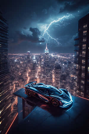 eksotisk hyperbil,tak,neonby,skyskraper,dramatisk,lyn,natt,futuristisk,4K — 4K Bakgrunner