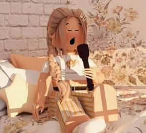 en dukke sitter på en seng med en mikrofon — Estetisk Roblox Bakgrunner
