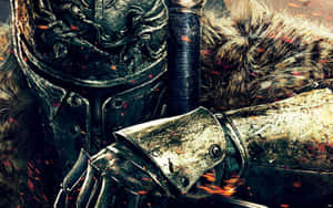 En fryktløs kriger i gullrustning med en voldsom drage som lurer i mørket bak — Dark souls Bakgrunner