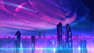 en futuristisk by med lilla lys og bygninger — Neon lilla Bakgrunner