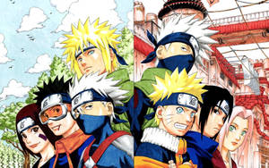 Minato med laget sitt og Kakashi med laget sitt, Naruto, Sasuke og Sakura.