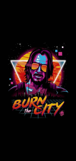 AMOLED-bakgrunnsbilde av Keanu Reeves digitalt kunstverk med slagordet BURN THE CITY. — iPhone 12 Pro Bakgrunner