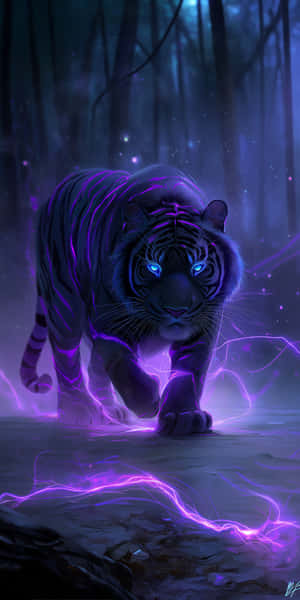 tiger, dyr, kattedyr, stor katt, mørk, svart, lilla, glød, glødende, elektrisk, stripe, øye, blå, mystisk, magisk, fantasi, skog, natt, kraft