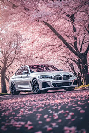 BMW, kirsebærblomster, vår, estetisk, bilbakgrunn, blomster, fredelig, rolig, natur, luksusbil — Blomstermønster Bakgrunner
