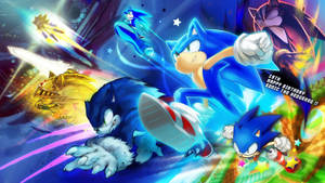 Bakgrunnsbilde av Sonic the Hedgehog i kraftfulle former og med sin varemerkefart.