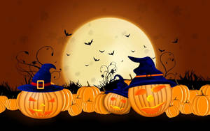 Tegneserie vektor av smilende gresskar med heksehatter i en skog til allehelgensaften — Halloween-GIF Bakgrunner