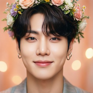 Jimin med blomsterkrone og pastellferskenbakgrunn — Pixel Watch 3 Bakgrunner