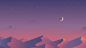 Minimalistisk estetisk pastellfjell og en halvmåne med lilla himmel bakgrunn.
