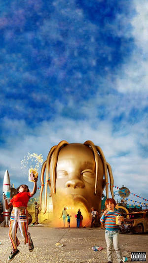 Kult HD Astroworld bakgrunnsbilde med fornøyelsespark og statuehode av Travis Scott. — Kald Bakgrunner