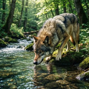 Ulv som drikker fra bekk i grønn skog, fredelig og realistisk naturskildring. — Pixel Watch 4 Bakgrunner