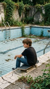Vintage skatergutt som hviler i tomt, sprukket basseng med gjengroing. — Skater boy estetikk Bakgrunner