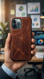 iPhone 11 Pro Max i etuiet i skinn holdt av en profesjonell med kontorbakgrunn.